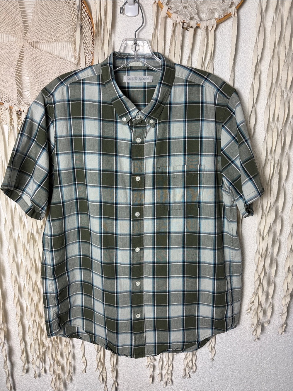 Outerknown Men's Green Plaid Short Sleeve Button Down Shirt Size Large